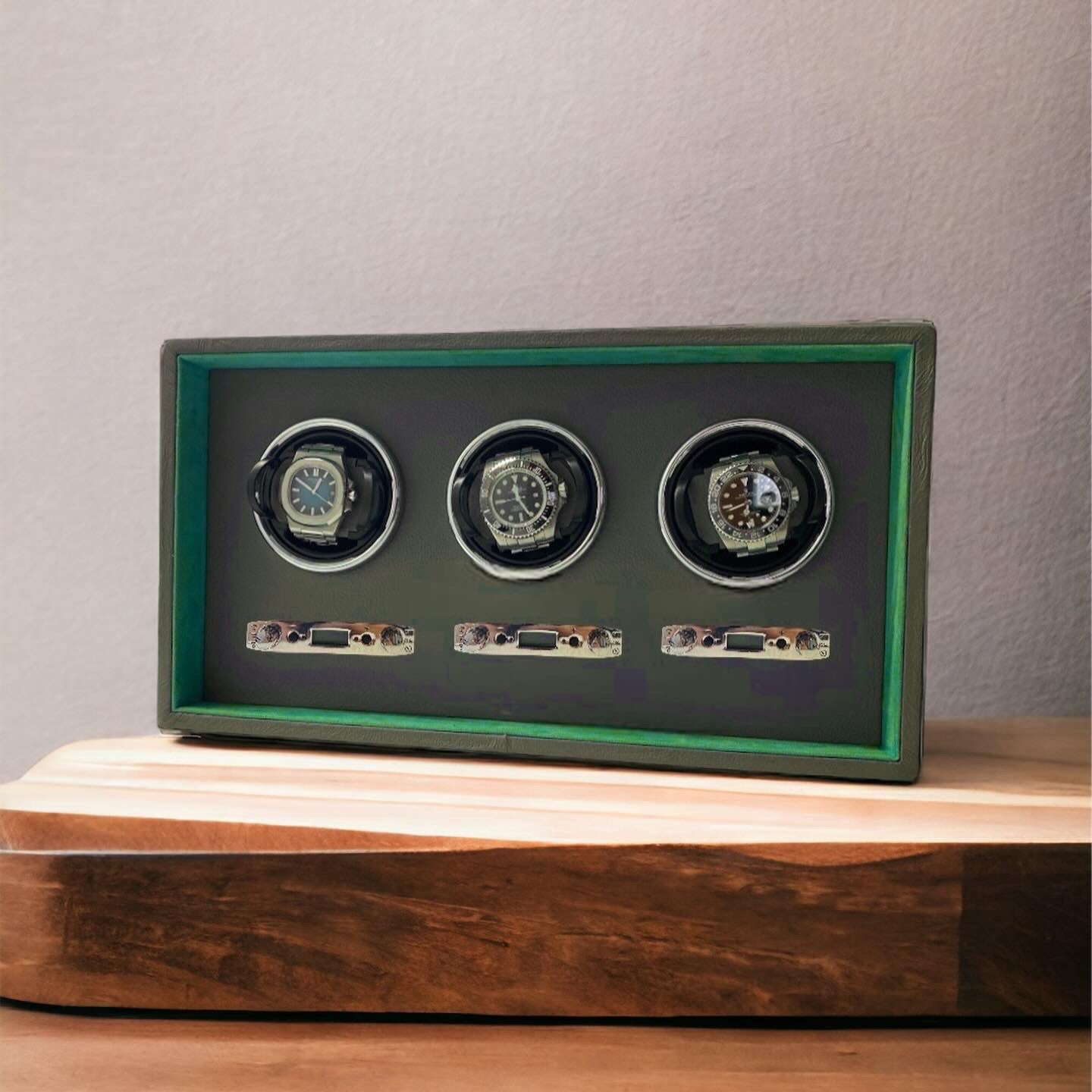 watchwinder avvolgitore per 3 orologi automatici con lcd in pelle